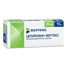 Цетиризин-ВЕРТЕКС таблетки, покрытые плёночной оболочкой 10мг №20 фото в интернет-аптеке "Фармсервис" Цетиризин-ВЕРТЕКС таблетки, покрытые плёночной оболочкой 10мг №20 фото в интернет-аптеке "Фармсервис"