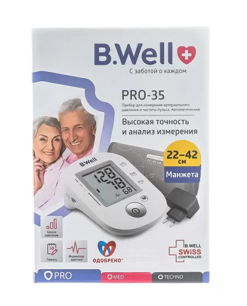 Тонометр B.Well PRO-35 (автомат, шкала давления, память 30, манжета M-L 22-42см, адаптер) фото в интернет-аптеке "Фармсервис"