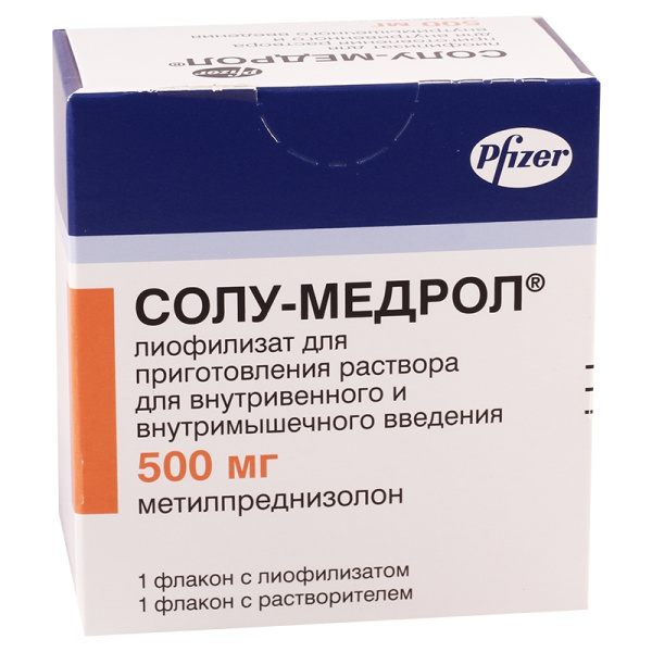 Солу-Медрол лиофилизат для приготовления раствора для внутривенного и внутримышечного введения 500мг x 500мг №1 фото в интернет-аптеке "Фармсервис" Солу-Медрол лиофилизат для приготовления раствора для внутривенного и внутримышечного введения 500мг x 500мг №1 фото в интернет-аптеке "Фармсервис"