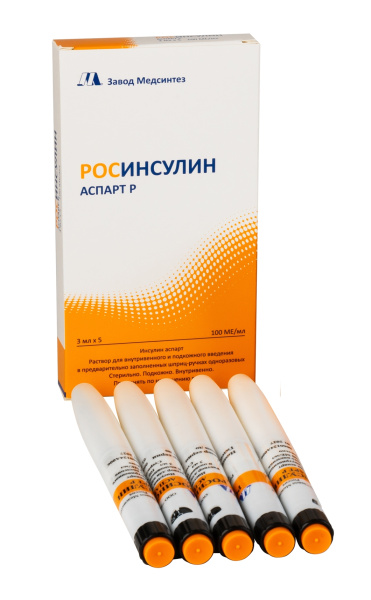 Росинсулин Аспарт Р (картридж) раствор для внутривенного и подкожного введения 100ЕД/мл 3мл №5 фото в интернет-аптеке "Фармсервис" Росинсулин Аспарт Р (картридж) раствор для внутривенного и подкожного введения 100ЕД/мл 3мл №5 фото в интернет-аптеке "Фармсервис"