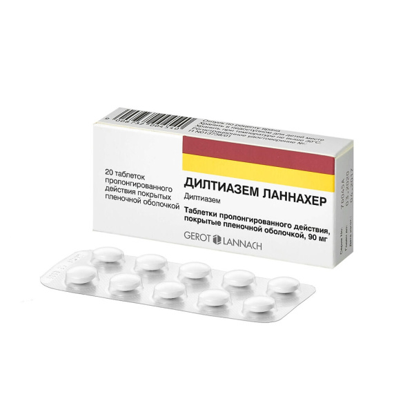 Дилтиазем Ланнахер таблетки с пролонгированным высвобождением, покрытые пленочной оболочкой 90мг №20 фото в интернет-аптеке "Фармсервис" Дилтиазем Ланнахер таблетки с пролонгированным высвобождением, покрытые пленочной оболочкой 90мг №20 фото в интернет-аптеке "Фармсервис"