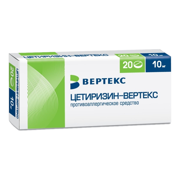 Цетиризин-ВЕРТЕКС таблетки, покрытые плёночной оболочкой 10мг №20 фото в интернет-аптеке "Фармсервис" Цетиризин-ВЕРТЕКС таблетки, покрытые плёночной оболочкой 10мг №20 фото в интернет-аптеке "Фармсервис"