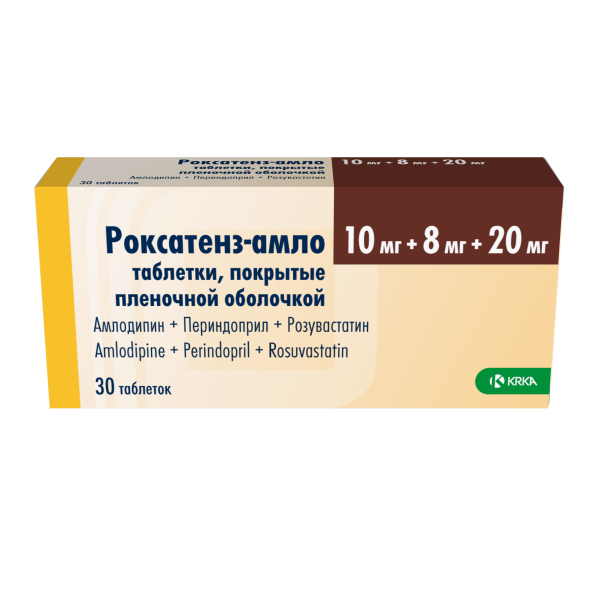 Роксатенз-амло таблетки, покрытые плёночной оболочкой 10мг+8мг+20мг №30 фото в интернет-аптеке "Фармсервис" Роксатенз-амло таблетки, покрытые плёночной оболочкой 10мг+8мг+20мг №30 фото в интернет-аптеке "Фармсервис"