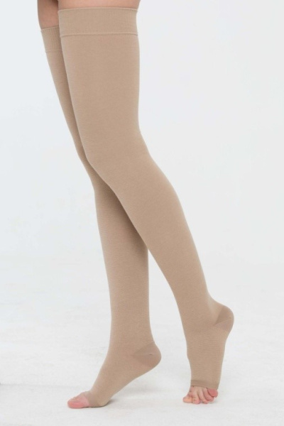 Чулки компрессионные до бедра (вид-2) 1-кл. кругловязанный без мыска разм. 1 крем