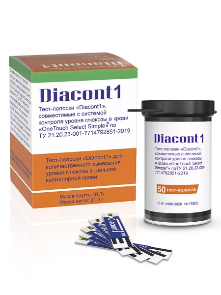 Тест-полоска DIACONT-1 №50 для люкометра One Touch Select Simple (комплект 2) фото в интернет-аптеке "Фармсервис"