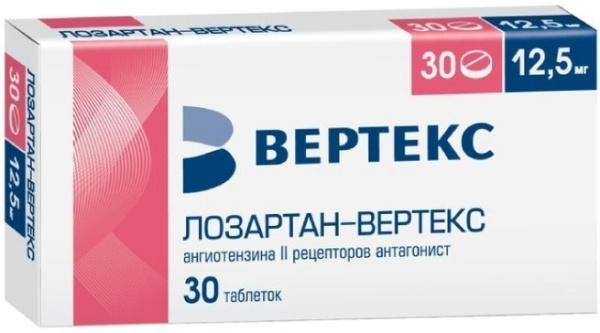 Лозартан-ВЕРТЕКС таблетки, покрытые плёночной оболочкой 12.5мг №30 фото в интернет-аптеке "Фармсервис" Лозартан-ВЕРТЕКС таблетки, покрытые плёночной оболочкой 12.5мг №30 фото в интернет-аптеке "Фармсервис"